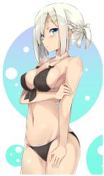 Rule 34 | 10s, 1girl, absurdres, alternate costume, alternate hairstyle, arm at side, arm grab, bikini, blue eyes, braid, breast hold, breasts, cleavage, collarbone, colored eyelashes, from side, front-tie top, hair over one eye, hamakaze (kancolle), highres, kantai collection, large breasts, looking at viewer, midriff, navel, nishimi shin, shiny skin, short ponytail, sideboob, silver hair, single braid, solo, stomach, swimsuit, thighs