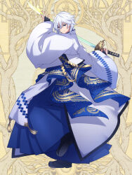 Rule 34 | 1boy, black footwear, blue eyes, blue kimono, dairoku ryouhei, full body, hair between eyes, holding, holding sword, holding weapon, japanese clothes, kimono, looking at viewer, male focus, shide, solo, sowa (tw6), standing, standing on one leg, sword, weapon, white hair, wide sleeves, yellow background