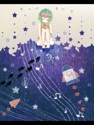 Rule 34 | 1girl, barefoot, campanella (vocaloid), cloud, closed eyes, feet, fish, footprints, goggles, goggles on head, green hair, gumi, heart, letterboxed, musical note, paper airplane, rocket, rocket ship, short hair, sitting, solo, space, spacecraft, squatting, sunglasses, tama (songe), vocaloid