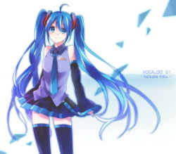 Rule 34 | 1girl, ahoge, bad id, bad pixiv id, blue eyes, blue hair, character name, detached sleeves, hatsune miku, long hair, matching hair/eyes, necktie, skirt, smile, solo, thighhighs, twintails, very long hair, vocaloid, yori (y rsy)