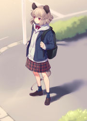 Rule 34 | 1girl, alternate costume, animal ears, backpack, bag, black bag, blue jacket, blue socks, bow, bowtie, brown footwear, commentary request, contemporary, day, full body, grey hair, hood, hoodie, jacket, loafers, long sleeves, mouse ears, mouse tail, nazrin, outdoors, plaid, plaid skirt, pleated skirt, red bow, red bowtie, red eyes, red skirt, school uniform, shirt, shoes, short hair, skirt, socks, solo, tail, tomobe kinuko, touhou, white hoodie, white shirt