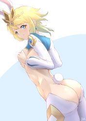 Rule 34 | 1girl, animal ears, ass, blonde hair, blue eyes, blush, breasts, butt crack, closed mouth, covering breasts, covering nipples, covering privates, crown, deekei, earrings, fake animal ears, fake tail, fire emblem, fire emblem heroes, fjorm (fire emblem), from side, highres, jewelry, long sleeves, medium breasts, meme attire, nintendo, rabbit ears, rabbit tail, revealing clothes, reverse bunnysuit, reverse outfit, short hair, shrug (clothing), simple background, solo, standing, tail