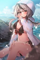 Rule 34 | 1girl, absurdres, adapted costume, alternate costume, bikini, black bikini, black hair, blue sky, blush, bow, braid, breasts, cleavage, closed mouth, commentary, feet out of frame, grey hair, hair ornament, hairclip, hand on own knee, heart o-ring, highleg, highleg bikini, highres, hololive, hood, hood up, hooded jacket, jacket, large breasts, long hair, looking at viewer, multicolored hair, navel, ocean, open clothes, open jacket, outdoors, plaid, plaid bow, red bow, red eyes, rock, sakamata chloe, side-tie bikini bottom, side braid, single braid, sitting, sky, smile, solo, soyoghi, sparkle, stomach, string bikini, swimsuit, thighs, two-tone hair, virtual youtuber, wet, white jacket, x hair ornament