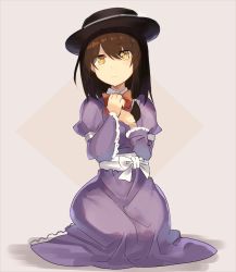 Rule 34 | 1girl, black hat, bow, bowtie, brown hair, commentary request, cosplay, diamond (shape), dress, falken (yutozin), fedora, hair between eyes, hair bow, hands up, hat, hat bow, juliet sleeves, long dress, long sleeves, looking at viewer, maribel hearn, maribel hearn (cosplay), one-hour drawing challenge, petticoat, puffy sleeves, purple dress, red bow, red bowtie, sash, seiza, shadow, simple background, sitting, solo, tan background, touhou, usami renko, white bow, white sash, wide sleeves, wing collar, yellow eyes