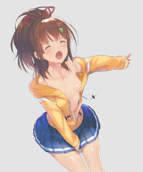 Rule 34 | 10s, 1girl, bad id, bad pixiv id, blush, breasts, brown hair, closed eyes, hair ribbon, high ponytail, high school fleet, highres, hood, hoodie, irizaki mei, long hair, no bra, open clothes, open mouth, pleated skirt, ponytail, por (downletgo), ribbon, skirt, small breasts, solo, sweat