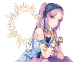 Rule 34 | 1girl, accessories, armlet, bare shoulders, beads, black bow, black ribbon, bow, bracelet, choker, closed mouth, commentary request, dress, euryale (fate), fate/grand order, fate/hollow ataraxia, fate/stay night, fate (series), fingernails, flower, frilled dress, frills, hair ornament, hairband, headdress, jewelry, lolita hairband, long hair, looking at viewer, necklace, purple eyes, purple hair, ribbon, simple background, solo, twintails, urayamashiro (artist), very long hair, white dress