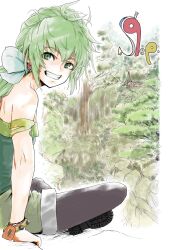 Rule 34 | 1girl, bare shoulders, boots, fuluyano, green eyes, green hair, hair ribbon, highres, jewelry, pantyhose under shorts, long hair, looking at viewer, pantyhose, ponytail, ribbon, saga, saga frontier 2, shorts, smile, solo, very long hair, virginia knights