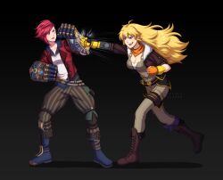 Rule 34 | 2girls, absurdres, adricarra, antenna hair, arcane: league of legends, black background, blonde hair, blue eyes, boots, breasts, brown footwear, brown jacket, brown jumpsuit, brown pants, cleavage, crossover, fighting, full body, gauntlets, gloves, highres, jacket, jumpsuit, league of legends, long hair, mechanical arms, multiple girls, open clothes, open jacket, orange gloves, orange scarf, pants, punching, purple eyes, red hair, red jacket, rwby, scarf, shirt, simple background, single mechanical arm, striped clothes, striped pants, vi (league of legends), white shirt, yang xiao long