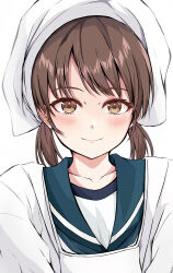 Rule 34 | 1girl, apron, blush, brown eyes, brown hair, closed mouth, dairyo3, green sailor collar, head scarf, highres, kantai collection, kappougi, looking at viewer, portrait, sailor collar, school uniform, serafuku, shirayuki (kancolle), short hair, short twintails, simple background, smile, solo, twintails, white background, white headwear