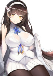 Rule 34 | 1girl, bare shoulders, between breasts, black hair, black pantyhose, blush, breasts, closed mouth, covered erect nipples, cowboy shot, eyelashes, flower, girls&#039; frontline, gloves, hairband, large breasts, long hair, looking at viewer, luse maonang, miniskirt, off shoulder, pantyhose, pleated skirt, see-through, sitting, sketch, skirt, sleeveless, smile, solo, type 95 (girls&#039; frontline), very long hair, white background, white flower, white gloves, white hairband, white skirt, yellow eyes