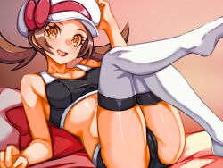 Rule 34 | 1girl, :d, arm up, black panties, black sports bra, bow, breasts, brown hair, cameltoe, cleft of venus, commentary request, covered erect nipples, creatures (company), eyelashes, game freak, happy, hat, hat bow, indoors, knees together feet apart, long hair, lying, lyra (pokemon), medium breasts, mimizunooka, navel, nintendo, on back, open mouth, orange eyes, panties, pillow, pink bow, pokemon, pokemon hgss, shiny skin, smile, solo, sports bra, thighhighs, thighs, tongue, twintails, underwear, white hat, white thighhighs