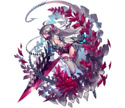 Rule 34 | artist request, bare shoulders, bone hair ornament, glowing, glowing tattoo, hair between eyes, hair ornament, highres, holding, holding sword, holding weapon, integral killer (phantom of the kill), laevateinn (phantom of the kill), long hair, long sleeves, official art, petals, phantom of the kill, red eyes, shoulder tattoo, silver hair, smile, solo, sunlight, sword, tattoo, transparent background, very long hair, weapon