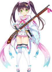 Rule 34 | 1girl, antique firearm, artist request, asymmetrical sleeves, black hair, firearm, firelock, flintlock, full body, gluteal fold, green eyes, gun, hair ornament, holding, holding gun, holding weapon, long hair, misaki (oshiro project), mismatched sleeves, official art, oshiro project:re, oshiro project:re, pleated skirt, simple background, skirt, solo, standing, thighhighs, transparent background, twintails, weapon