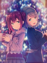 Rule 34 | 10s, 2girls, back-to-back, bad id, bad twitter id, beanie, blue eyes, blurry, blurry background, box, christmas, coat, commentary request, fur collar, gift, gift box, green eyes, hat, holding, holding gift, kurosawa ruby, looking at viewer, love live!, love live! sunshine!!, multiple girls, open mouth, red hair, siva (executor), skirt, smile, swept bangs, two side up, watanabe you, winter clothes