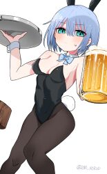 Rule 34 | 1girl, alcohol, animal ears, aqua eyes, beer, beer mug, black leotard, black pantyhose, blue bow, blue bowtie, blue hair, bow, bowtie, breasts, cup, detached collar, feet out of frame, highres, holding, jamongssui, leotard, looking at viewer, medium breasts, mug, original, pantyhose, playboy bunny, rabbit ears, rabbit tail, short hair, simple background, solo, strapless, strapless leotard, tail, tray, white background, wrist cuffs
