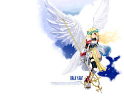 Rule 34 | 1girl, angel wings, armor, armored dress, blonde hair, blue eyes, boots, gauntlets, heterochromia, long hair, official art, official wallpaper, ragnarok online, red eyes, solo, staff, thighhighs, valkyrie, valkyrie (ragnarok online), wallpaper, wings