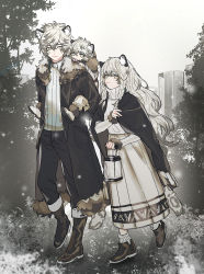 Rule 34 | 1boy, 1girl, aged down, animal ear fluff, animal ears, arknights, black cloak, black coat, black gloves, black pants, blurry, boots, braid, brother and sister, building, carrying, child, cliffheart (arknights), cloak, coat, collared shirt, daenarys, english text, family, fireflies, full body, fur-trimmed pants, fur-trimmed sleeves, fur trim, gloves, grey eyes, hair between eyes, hair ornament, highres, holding, holding lantern, lantern, leopard ears, leopard tail, light particles, long hair, long sleeves, looking at another, looking to the side, mouth hold, multicolored hair, outdoors, pacifier, pants, pants tucked in, piggyback, pleated skirt, pramanix (arknights), ribbed sweater, shirt, shoe soles, shoes, siblings, side braids, silverash (arknights), sisters, skirt, smile, socks, streaked hair, sweater, tail, tassel, torn clothes, torn coat, turtleneck, twin braids, very long hair, walking, white footwear, white hair, white pants, white sweater