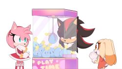 Rule 34 | 1boy, 2girls, amy rose, aqua eyes, bracelet, chao (sonic), child, closed mouth, crane game, cream the rabbit, dress, furry, furry female, furry male, gloves, hairband, highres, jewelry, multiple girls, open mouth, orange dress, orange eyes, red dress, red eyes, red hairband, shadow the hedgehog, smile, sonic (series), standing, tail, toonsite, white gloves