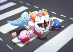 Rule 34 | absurdres, armor, crosswalk, galacta knight, highres, holding hands, horns, invincible candy, kirby, kirby&#039;s dream land, kirby (series), mask, meta knight, nintendo, no humans, pauldrons, pout, red eyes, shibulio, shoulder armor, solid oval eyes, star (symbol), walking, wings