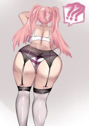 Rule 34 | 1girl, ???, artist request, ass, ass focus, bra, butt crack, from behind, garter belt, goddess of victory: nikke, highres, huge ass, leaning, leaning forward, long hair, panties, pantyshot, pink hair, quiry (nikke), solo, thick thighs, thighhighs, thighs, twintails, underwear, very long hair