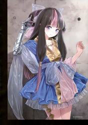 Rule 34 | 1girl, absurdres, artist name, asymmetrical gloves, black hair, blue eyes, bow, character request, collarbone, flat chest, gauntlets, gloves, grey bow, hair bow, highres, kishida mel, long hair, looking at viewer, multicolored hair, pink hair, solo, standing, two-tone hair, uneven gloves