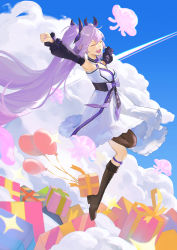 Rule 34 | 1girl, a-soul, absurdres, ava (a-soul), balloon, black sleeves, blue sky, boots, bow, brown footwear, chromatic aberration, chuck (harfmoondark), closed eyes, cloud, commentary request, detached sleeves, dress, from side, full body, gift, highres, jumping, knee boots, long hair, midair, nail polish, open mouth, outstretched arms, purple bow, purple hair, purple nails, sky, sleeveless, sleeveless dress, smile, solo, sparkle, squid, teeth, twintails, upper teeth only, very long hair, virtual youtuber, white dress