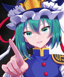 Rule 34 | 1girl, asymmetrical hair, black background, blue hat, blue vest, breasts, buttons, commentary request, epaulettes, frilled hat, frills, green eyes, green hair, hair between eyes, hat, highres, kisaragi koushi, long bangs, looking at viewer, open mouth, pointing, pointing at viewer, shiki eiki, shirt, short hair, small breasts, solo, touhou, upper body, vest, white background, white shirt