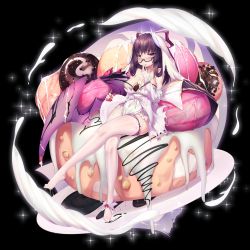 Rule 34 | 1girl, bad id, bad pixiv id, bare shoulders, black hair, blush, breasts, cleavage, covered navel, detached sleeves, dk.senie, dress, feet, food, glasses, headdress, highres, horns, ice cream, long hair, looking at viewer, monster girl, nail polish, no shoes, original, pelvic curtain, purple eyes, semi-rimless eyewear, sitting, solo, strapless, strapless dress, tail, thighhighs, toes, under-rim eyewear, white thighhighs