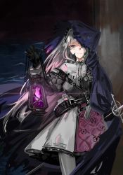 Rule 34 | 1girl, ammunition belt, arknights, black cape, black dress, black gloves, cape, cowboy shot, crying, crying with eyes open, dress, gloves, grey eyes, grey hair, gun, hand up, handgun, head wings, highres, holding, holding lantern, holstered, hood, hood up, hooded cape, irene (arknights), juqixielou67471, lantern, long sleeves, looking at viewer, multicolored clothes, multicolored dress, one eye covered, pantyhose, pink dress, rapier, scales, sheath, sheathed, solo, spoilers, sword, tears, weapon, white dress, white pantyhose, wings