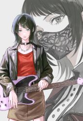 Rule 34 | 1girl, absurdres, aqua eyes, arm rest, bang dream!, bang dream! it&#039;s mygo!!!!!, bass guitar, black choker, black hair, black jacket, brown skirt, chain necklace, choker, closed mouth, commentary, covered mouth, cowboy shot, grey background, guitar, highres, holding, holding guitar, holding instrument, instrument, jacket, jewelry, leather, leather jacket, long sleeves, looking at viewer, mask, miniskirt, mouth mask, multiple views, muted color, necklace, o-ring, o-ring choker, open clothes, open jacket, pencil skirt, red jacket, red shirt, shirt, short hair, simple background, skirt, standing, sushizanmai (sorahaaoi7), upper body, white shirt, yahata umiri