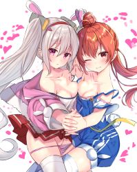 Rule 34 | 2girls, ;), animal ears, azur lane, bailey (azur lane), bare shoulders, blush, breast press, breasts, brown hair, camisole, cleavage, closed mouth, collarbone, commentary request, groin, hair between eyes, hair ornament, hairband, heart, high ponytail, highres, jacket, laffey (azur lane), long hair, long sleeves, medium breasts, multiple girls, off-shoulder shirt, off shoulder, one eye closed, open clothes, open jacket, overall shorts, overalls, panties, panty pull, pink jacket, pink panties, pleated skirt, ponytail, purple eyes, rabbit ears, red eyes, red hairband, red skirt, shirt, short sleeves, silver hair, simple background, skirt, smile, strap slip, symmetrical docking, thighhighs, tsukiman, twintails, underwear, very long hair, white background, white camisole, white legwear, white shirt