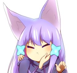 Rule 34 | 1girl, :t, absurdres, animal ear fluff, animal ears, blue hoodie, closed eyes, closed mouth, commentary request, disembodied hand, drawstring, facing viewer, fox ears, hair ornament, hand on another&#039;s cheek, hand on another&#039;s face, hands up, highres, hood, hoodie, idaten93, long hair, long sleeves, original, purple hair, sidelocks, simple background, sleeves past wrists, solo focus, till (idaten93), wavy mouth, white background, x hair ornament