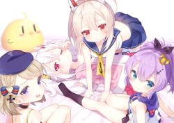 Rule 34 | 4girls, :d, all fours, anchor symbol, animal ears, ayanami (azur lane), azur lane, bare arms, bed sheet, beret, bird, black socks, blue headwear, blue sailor collar, blue skirt, blush, bow, breasts, brown ribbon, camisole, chick, closed mouth, commentary request, crop top, cross, crown, erection, gloves, green eyes, hair between eyes, hair bow, hair ribbon, hat, head tilt, headgear, high ponytail, iron cross, jacket, javelin (azur lane), kneehighs, kokone (coconeeeco), laffey (azur lane), light brown hair, long hair, long sleeves, looking at viewer, lying, midriff, mini crown, multiple girls, on back, open clothes, open jacket, open mouth, pink jacket, pleated skirt, ponytail, purple eyes, purple hair, rabbit ears, red eyes, red skirt, ribbon, sailor collar, shirt, silver hair, sitting, skirt, sleeveless, sleeveless shirt, sleeves past wrists, small breasts, smile, socks, striped, striped bow, thighhighs, tilted headwear, twintails, very long hair, white background, white camisole, white gloves, white legwear, white shirt, yellow neckwear, z23 (azur lane)