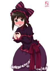 Rule 34 | 1girl, black eyes, black hair, blush, commentary request, cosplay, dated, dress, fingers together, frilled dress, frills, fubuki (kancolle), gothic lolita, highres, index fingers together, kanon (kurogane knights), kantai collection, logo, lolita fashion, low ponytail, overlord (maruyama), ponytail, purple dress, voice actor connection, shalltear bloodfallen, shalltear bloodfallen (cosplay), short ponytail, sidelocks, simple background, solo, uesaka sumire, white background