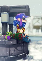 Rule 34 | 1girl, absurdres, black shorts, blue eyes, blue footwear, blue hat, blue scarf, blurry, boots, day, depth of field, from side, hat, highres, inkling, inkling (language), inkling girl, inkling player character, long hair, long sleeves, mini splatling (splatoon), multicolored stripes, nintendo, outdoors, pointy ears, puchiman, purple hair, scarf, shirt, shorts, sitting, snow, solo, splatoon (series), splatoon 1, striped clothes, striped shirt, tentacle hair, twitter username, visor cap, winter, winter clothes