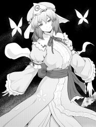 Rule 34 | 1girl, bug, butterfly, cherry blossom print, commentary request, floral print, frilled kimono, frills, ghost, greyscale, hat, highres, insect, japanese clothes, kakone, kimono, long sleeves, looking at viewer, medium hair, mob cap, monochrome, saigyouji yuyuko, solo, touhou, triangular headpiece