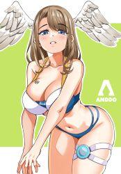Rule 34 | 1girl, absurdres, angel wings, artist name, bikini, blue eyes, breasts, brown hair, eunie (xenoblade), highres, i am anddo, large breasts, leaning forward, legs, looking at viewer, navel, short hair, solo, swimsuit, thick thighs, thighs, wings, xenoblade chronicles (series), xenoblade chronicles 3