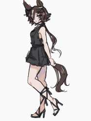 Rule 34 | 1girl, animal ears, bare arms, bare shoulders, black dress, black footwear, blush, brown eyes, brown hair, closed mouth, commentary request, dress, from side, full body, grey hair, hair over one eye, hide oo, high heels, highres, horse ears, horse girl, horse tail, long hair, looking at viewer, looking to the side, low ponytail, multicolored hair, ponytail, sketch, sleeveless, sleeveless dress, solo, standing, standing on one leg, streaked hair, sweat, tail, umamusume, very long hair, vodka (umamusume)
