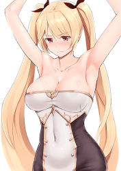 Rule 34 | 1girl, armpits, arms up, azur lane, bare shoulders, blonde hair, blush, breasts, cleavage, collarbone, cowboy shot, dress, dyne gallon, frown, gold trim, large breasts, long hair, looking down, multicolored clothes, multicolored dress, nelson (azur lane), red eyes, skin tight, solo, strapless, strapless dress, twintails, two-tone dress, very long hair
