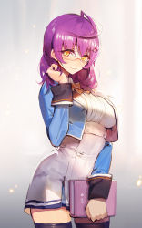Rule 34 | 1girl, ahoge, black thighhighs, book, breasts, cowboy shot, cropped jacket, dress, emily helenschildt, female focus, glasses, hand in own hair, highres, jacket, kamuy apocalypse, kishiyo, large breasts, long hair, long sleeves, looking at viewer, open clothes, open jacket, purple hair, revision, school uniform, short dress, smile, solo, thighhighs, white dress, yellow eyes, zettai ryouiki