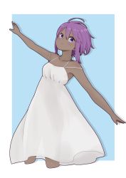 Rule 34 | 1girl, absurdres, bare arms, bare shoulders, blue background, blush, breasts, closed mouth, collarbone, cropped legs, dark-skinned female, dark skin, dress, fate/prototype, fate/prototype: fragments of blue and silver, fate (series), hair between eyes, hassan of serenity (fate), highres, i.u.y, looking at viewer, outstretched arms, purple eyes, purple hair, see-through, see-through silhouette, shadow, sleeveless, sleeveless dress, small breasts, smile, solo, spread arms, two-tone background, white background, white dress