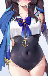 Rule 34 | 1girl, :3, absurdres, arms behind back, black one-piece swimsuit, blush, brown hair, cameltoe, character name, chromatic aberration, collarbone, commentary request, hermityy, highres, horse girl, horse tail, long hair, navel, one-piece swimsuit, sailor collar, solo, swimsuit, tail, thigh gap, thighs, twintails, umamusume, vivlos (umamusume), wet, wet clothes, wet swimsuit, white sailor collar
