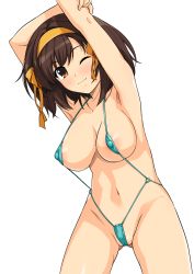 Rule 34 | 1girl, areola slip, armpits, arms up, blue one-piece swimsuit, bow, breasts, brown eyes, brown hair, closed mouth, collarbone, commentary request, covered erect nipples, cowboy shot, gluteal fold, hair bow, hairband, haruhisky, highres, large breasts, legs apart, looking at viewer, medium hair, navel, one-piece swimsuit, one eye closed, orange bow, orange hairband, revealing clothes, simple background, slingshot swimsuit, smile, solo, standing, stomach, strap gap, suzumiya haruhi, suzumiya haruhi no yuuutsu, swimsuit, white background