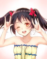 Rule 34 | 10s, 1girl, ;d, \m/, bare shoulders, black hair, blush, bow, collarbone, double \m/, hair bow, highres, looking at viewer, love live!, love live! school idol project, md5 mismatch, moai715, nico nico nii, one eye closed, open mouth, red eyes, short hair, smile, solo, twintails, upper body, yazawa nico