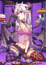 Rule 34 | 1girl, asymmetrical gloves, asymmetrical legwear, bad id, bad pixiv id, belt, bikini, bikini top only, black thighhighs, blush, breasts, cake, candy, checkered floor, cleavage, collar, cookie, cuffs, cup, demon girl, demon horns, demon tail, doughnut, earrings, elbow gloves, finger to mouth, fingerless gloves, fingernails, floor, food, fruit, gloves, groin, heart, horns, jewelry, kettle, large breasts, lingerie, long hair, macaron, mask, mismatched gloves, mismatched legwear, multicolored nails, nail polish, navel, navel piercing, negligee, original, pancake, piercing, plaid, plaid legwear, pointy ears, purple eyes, purple hair, ribbon, shackles, short shorts, shorts, silver hair, single elbow glove, sitting, solo, spiked collar, spikes, spread legs, strap slip, strawberry, striped clothes, striped thighhighs, sweets, swimsuit, tail, teacup, teapot, tepes, thighhighs, torn wings, underwear, uneven legwear, vertical-striped clothes, vertical-striped thighhighs, wariza, wings