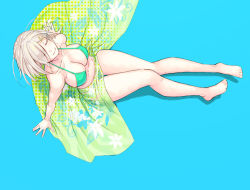 Rule 34 | 10s, 1girl, aqua background, aqua bikini, arm support, bare shoulders, bikini, breasts, cleavage, closed eyes, collarbone, from above, full body, green bikini, hair ornament, hair over one eye, hairclip, hamakaze (kancolle), kantai collection, large breasts, navel, one eye covered, see-through, short hair, silver hair, simple background, sitting, smile, solo, swimsuit, yuuji (and)