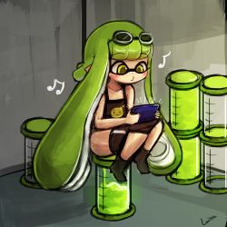 Rule 34 | 1girl, :3, beamed quavers, blush, clothes pull, game console, goggles, green eyes, green hair, ink, inkling, inkling girl, inkling player character, lumineko, musical note, nintendo, o3o, playing games, quaver, shorts, shorts pull, signature, splatoon (series), splatoon 1, tank top, video game