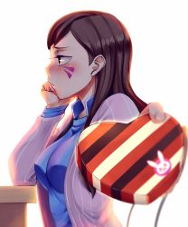 Rule 34 | &gt;:3, 1girl, :3, blue shirt, blush, box, breasts, brown eyes, brown hair, collared shirt, d.va (overwatch), embarrassed, facepaint, facial mark, fingernails, from side, gift, gift box, hand on own cheek, hand on own face, hands up, head rest, heart, heart-shaped box, high collar, holding, holding gift, incoming gift, jacket, long hair, long sleeves, medium breasts, open clothes, open jacket, outstretched arm, overwatch, overwatch 1, profile, reaching, reaching towards viewer, rixch, shirt, simple background, sitting, solo, swept bangs, tsundere, upper body, v-shaped eyebrows, valentine, whisker markings, white background