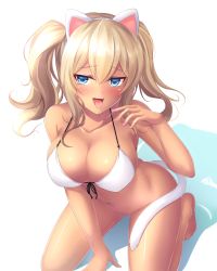 Rule 34 | 10s, 1girl, alternate hair color, anal tail, animal ears, arched back, ass, bad id, bad pixiv id, bare legs, barefoot, bikini, bikini top only, blonde hair, blue eyes, blush, bottomless, breasts, butt plug, cat ears, cat tail, cleavage, collarbone, dark skin, dark-skinned female, fake animal ears, fake tail, front-tie top, highres, kantai collection, kashima (kancolle), kneeling, large breasts, leaning forward, long hair, looking at viewer, naughty face, navel, open mouth, saliva, saliva trail, sex toy, sidelocks, simple background, smile, solo, swimsuit, tail, tan, tiphereth, tongue, tongue out, tsurime, twintails, wavy hair, white background, white bikini