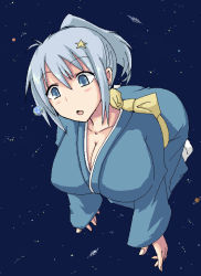 Rule 34 | blush, breasts, cleavage, curious, earth (planet), floating, giant, giantess, hair ornament, japanese clothes, kimono, large breasts, open mouth, ponytail, grey eyes, silver hair, space, terada ochiko